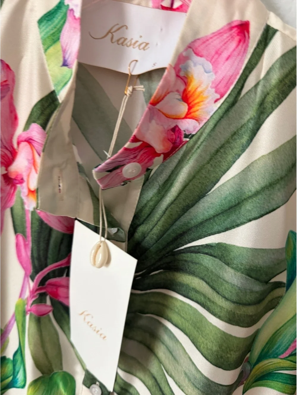 KASIA NWT Bell 3/4 Sleeve Button Up Floral Satin Tiered Mini Dress Size S
